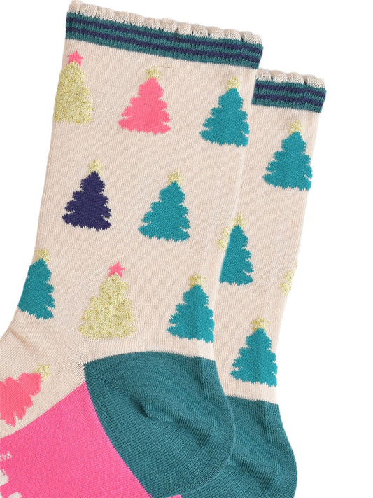 close up of the colourful christmas tree pattern, there are gold, pink, green and blue trees each with stars on the top