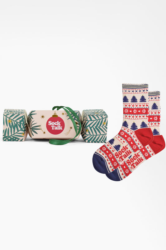 Women's Bamboo Ankle Socks Christmas Cracker Gift Box - Cream/Red, Christmas Fair Isle