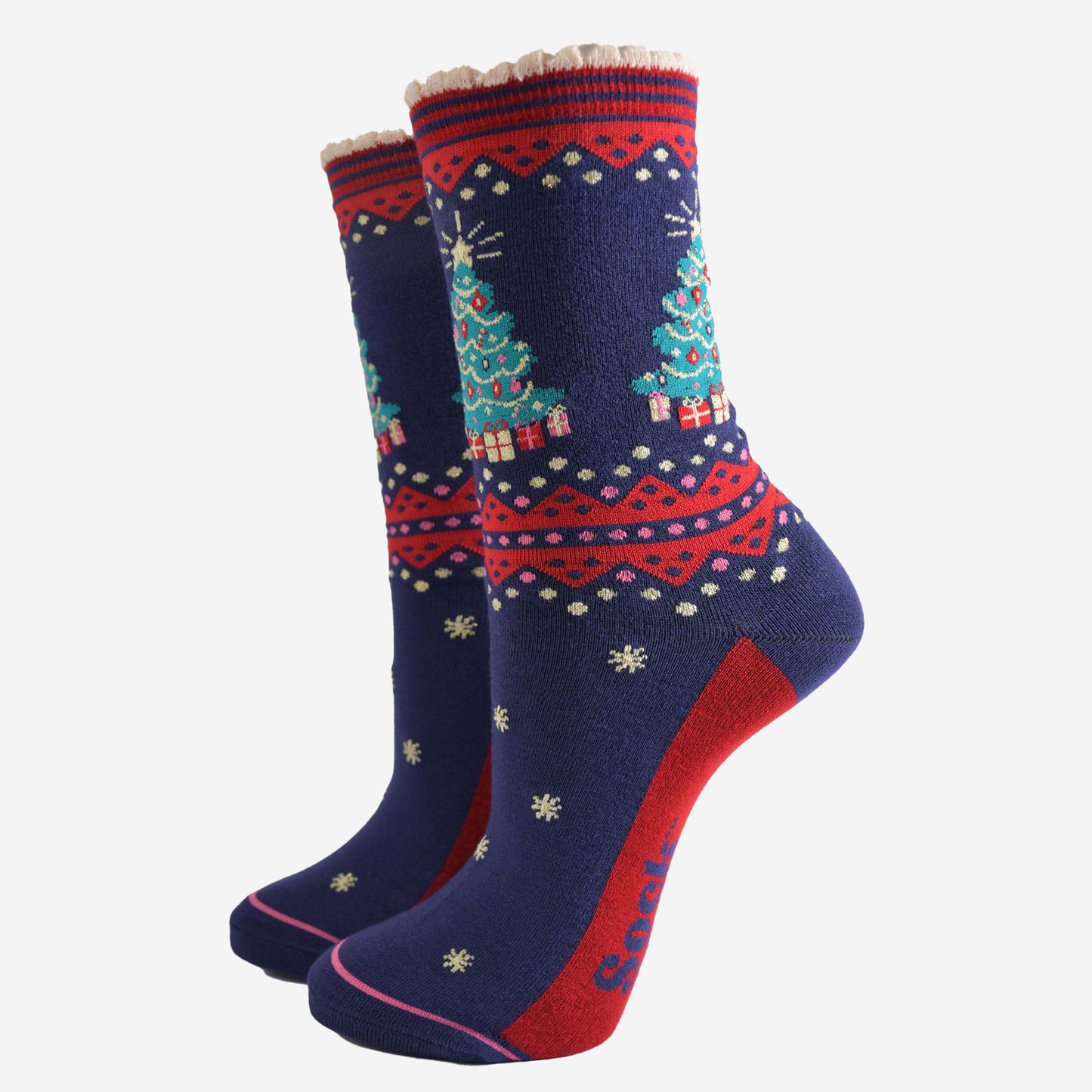 navy blue and red bamboo socks with a classic green xmas tree and presents on the ankle of the socks