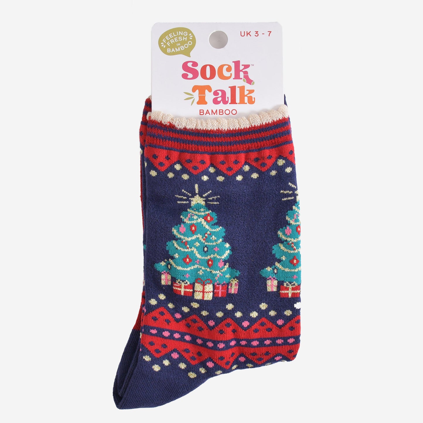 classic christmas tree bamboo socks in their sock talk packaging, these socks are a uk size 3-7