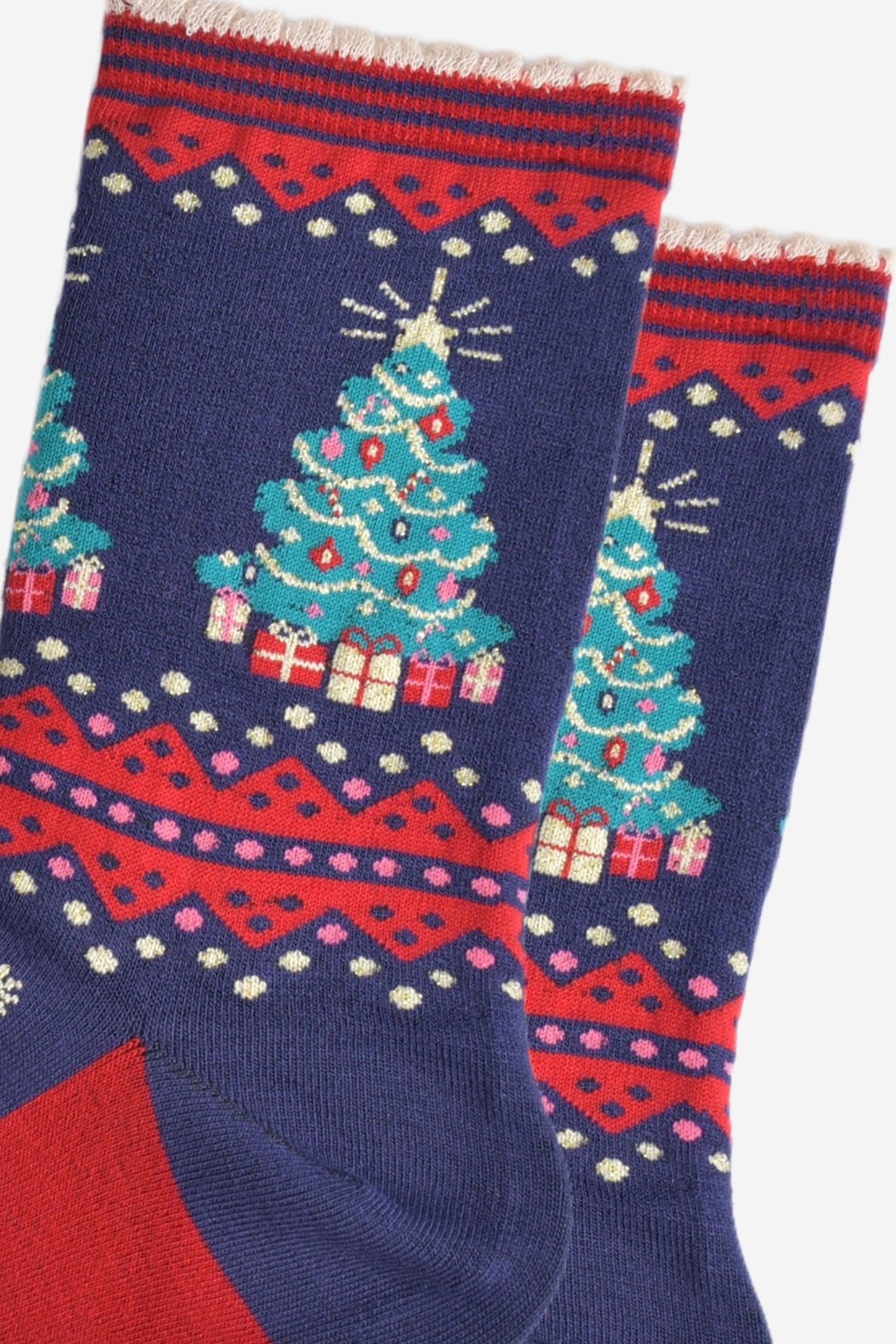 close up of the christmas tree design on the ankle of the socks, the tree is green with multicoloured baubles, gold tinsel and red candy canes. below the tree are wrapped gifts
