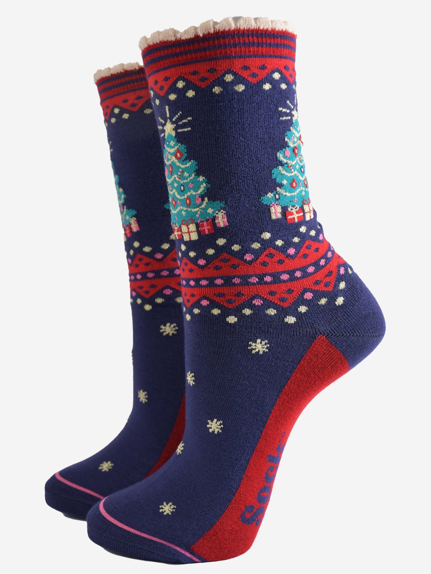 Women's Bamboo SockS Gift Box - Navy Blue/Cream, Christmas Trees