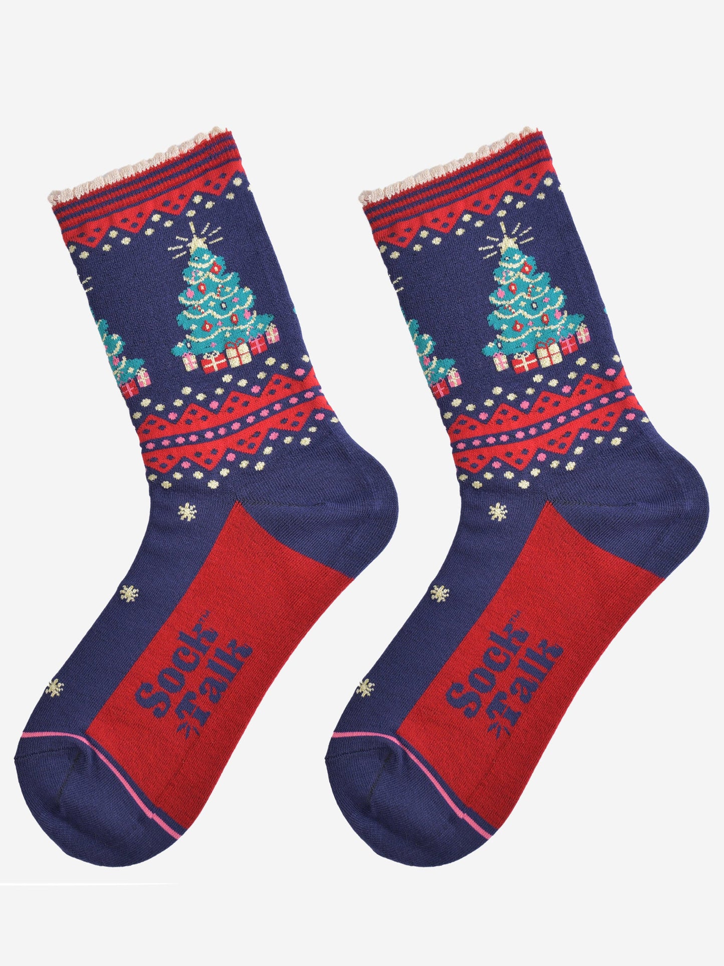 showing the christmas tree socks laying flat, they have a red sole, gold stars and a classic green christmas tree surronded by gifts on the ankle of the socks