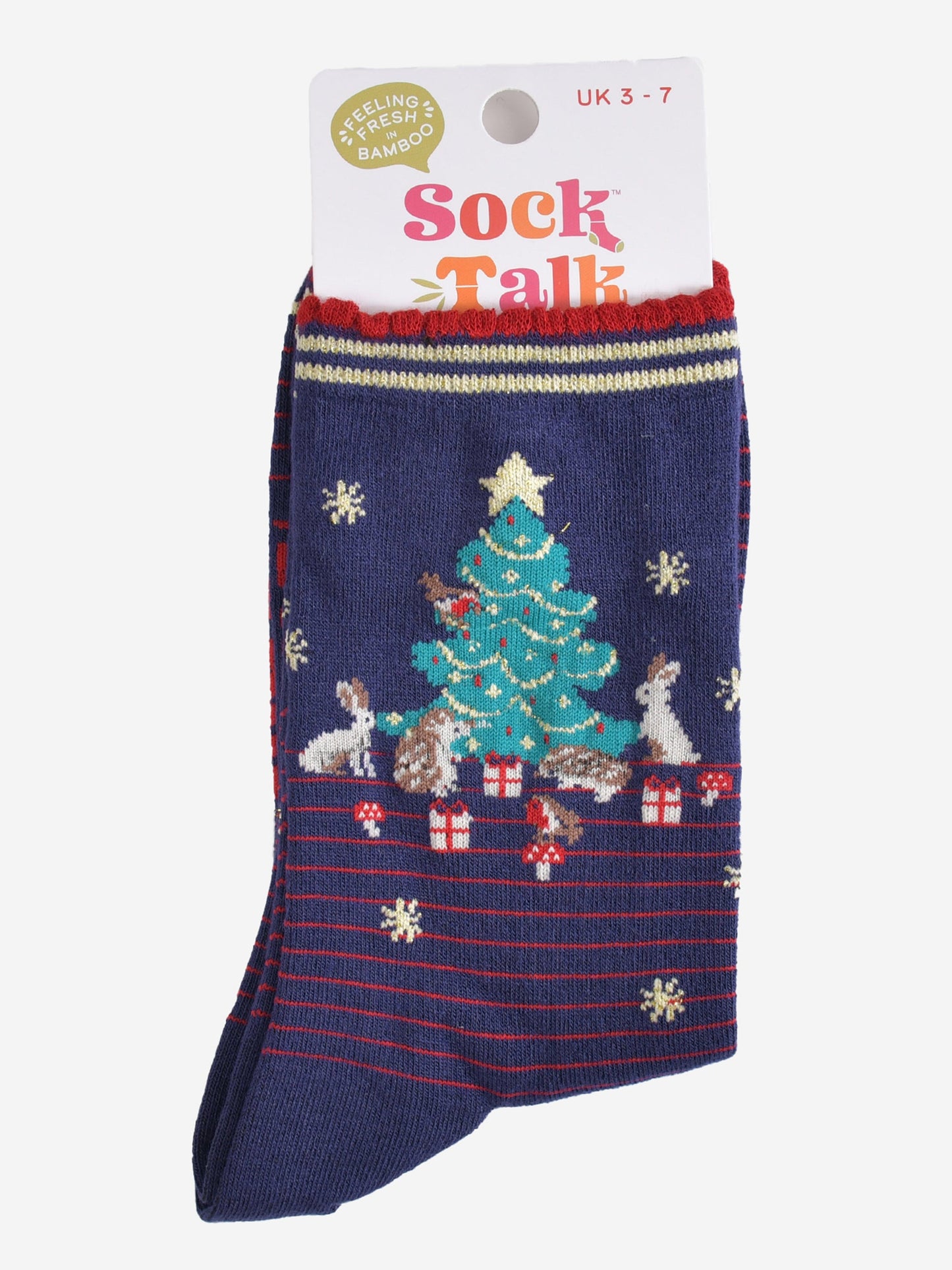 woodland animal christmas tree bamboo socks in their sock talk packaging, these socks are a uk size 3-7