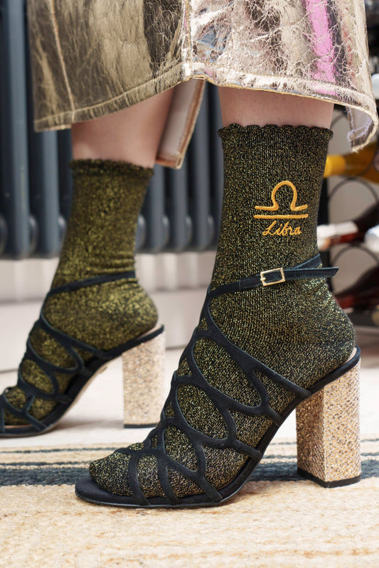 Women's Glitter Socks - Black/Gold, Zodiac Libra