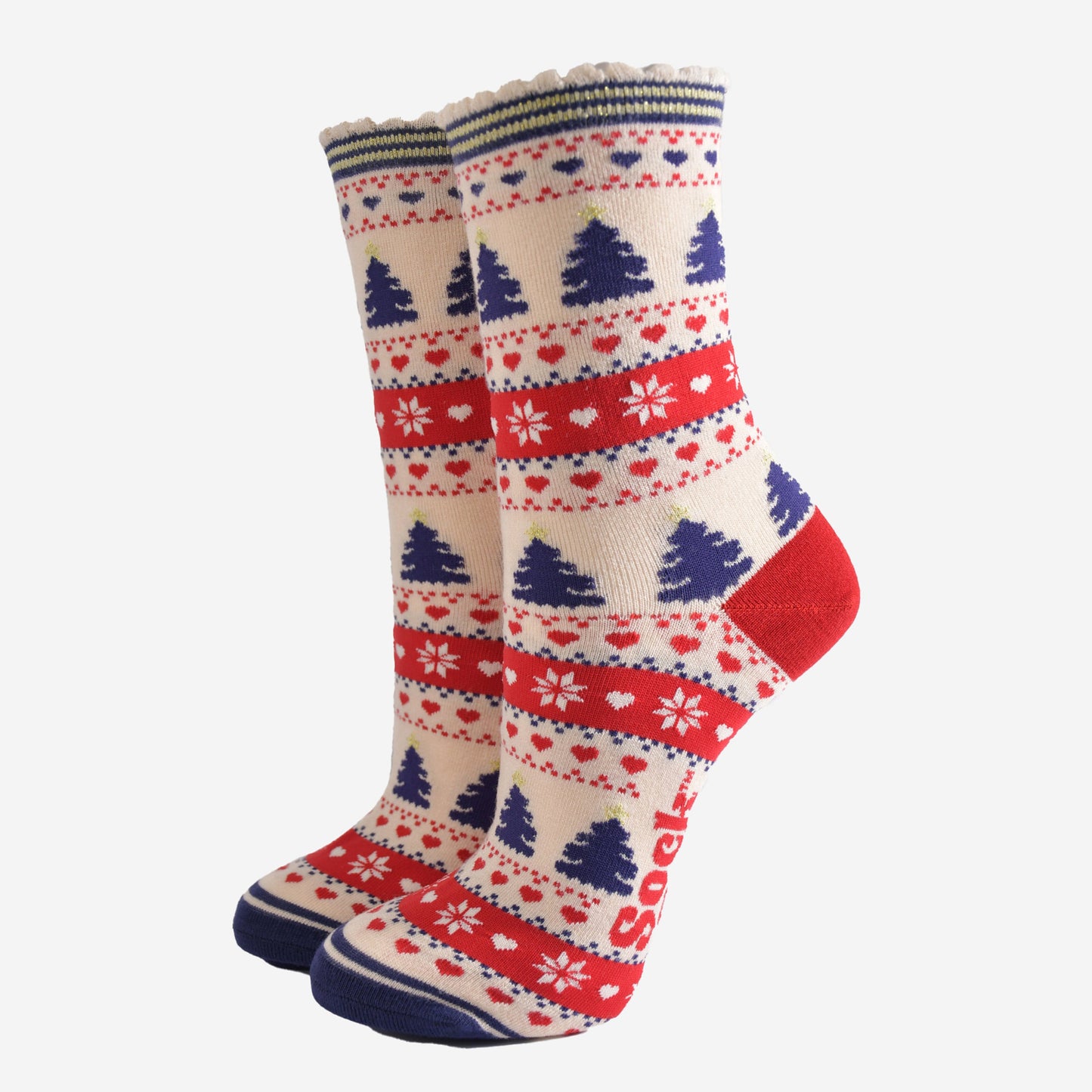 Women's Bamboo SockS Gift Box - Navy Blue/Cream, Christmas Trees