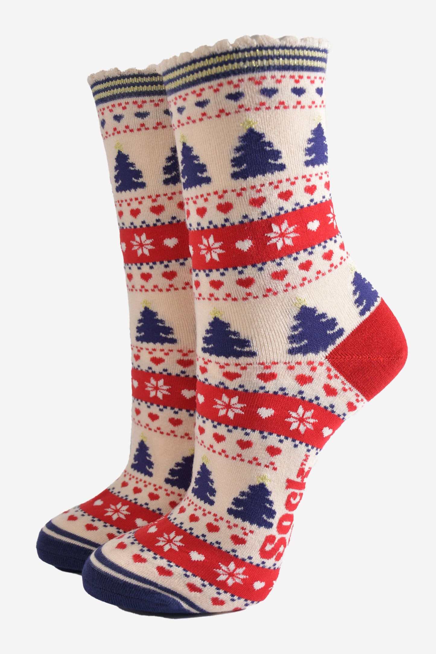 Women's Bamboo SockS Gift Box - Navy Blue/Cream, Christmas Trees