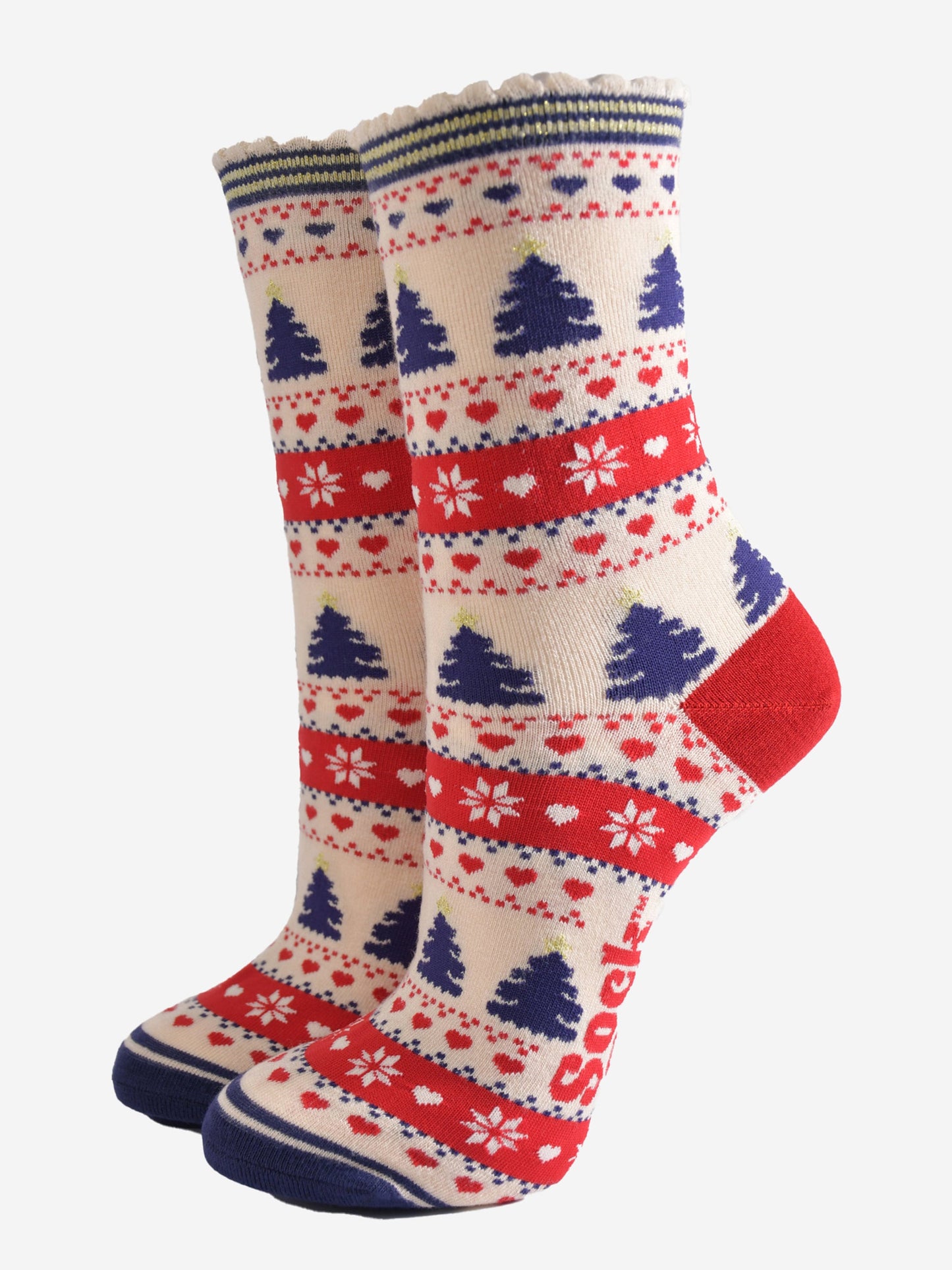 Women's Bamboo SockS Gift Box - Navy Blue/Cream, Christmas Trees
