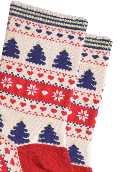 close up of the fair isle pattern on the socks, showing navy blue xmas trees, red love hearts and white snow flakes in a busy fair isle pattern