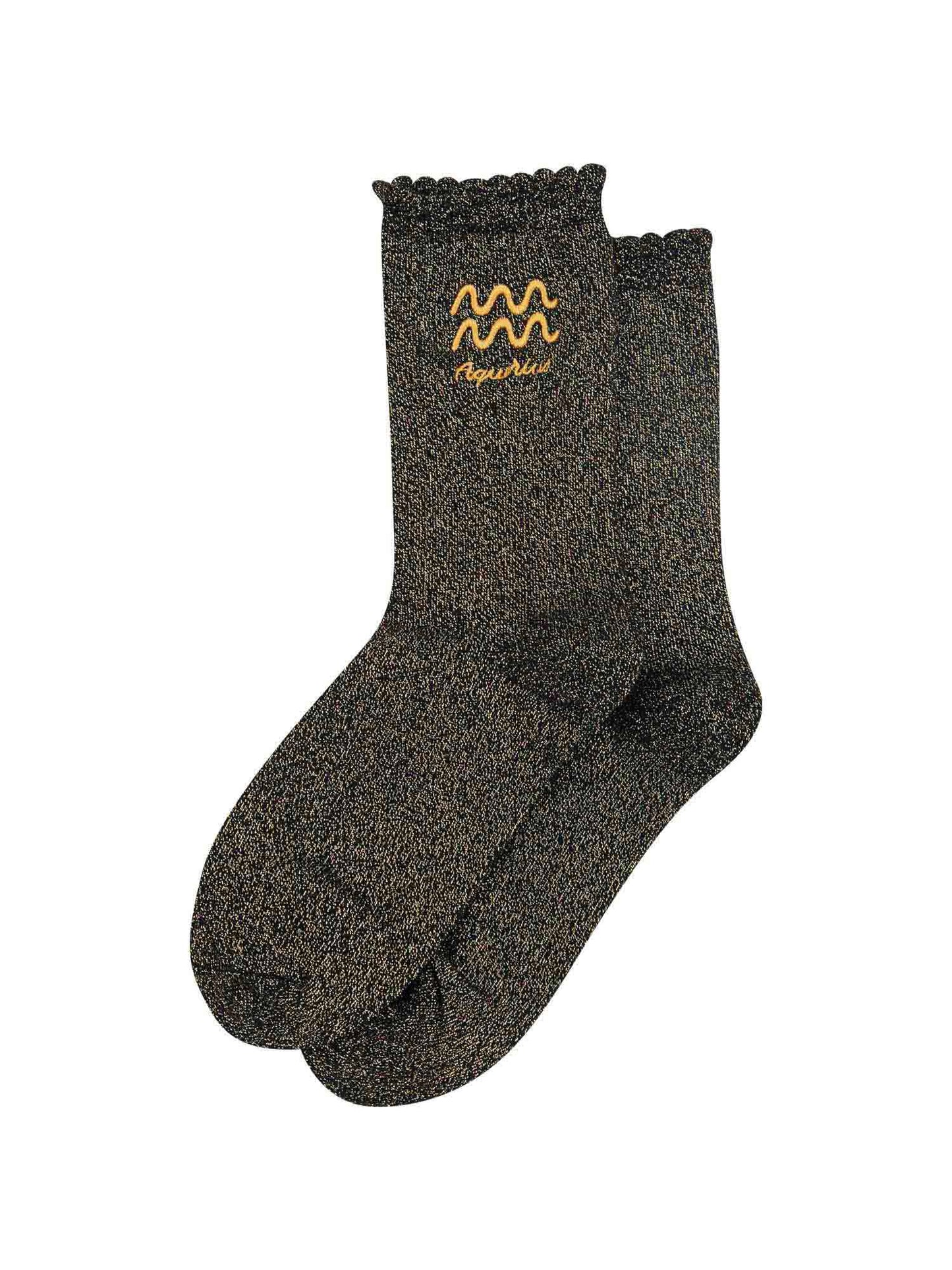black and gold glitter embroidered aquarius socks laying flat, showing the all over gold glitter sparkle