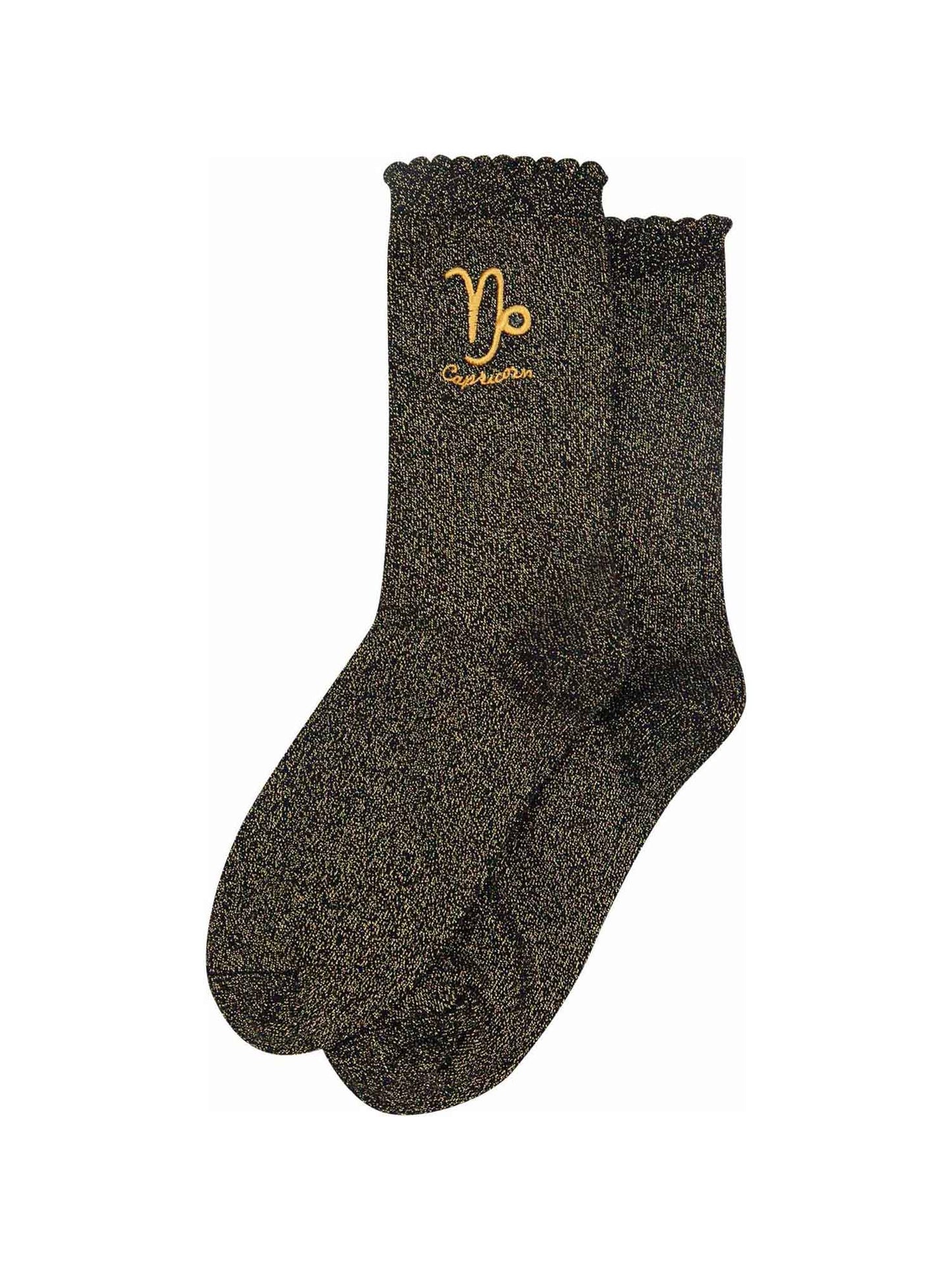 black and gold glitter embroidered capricorn socks laying flat, showing the all over gold glitter sparkle