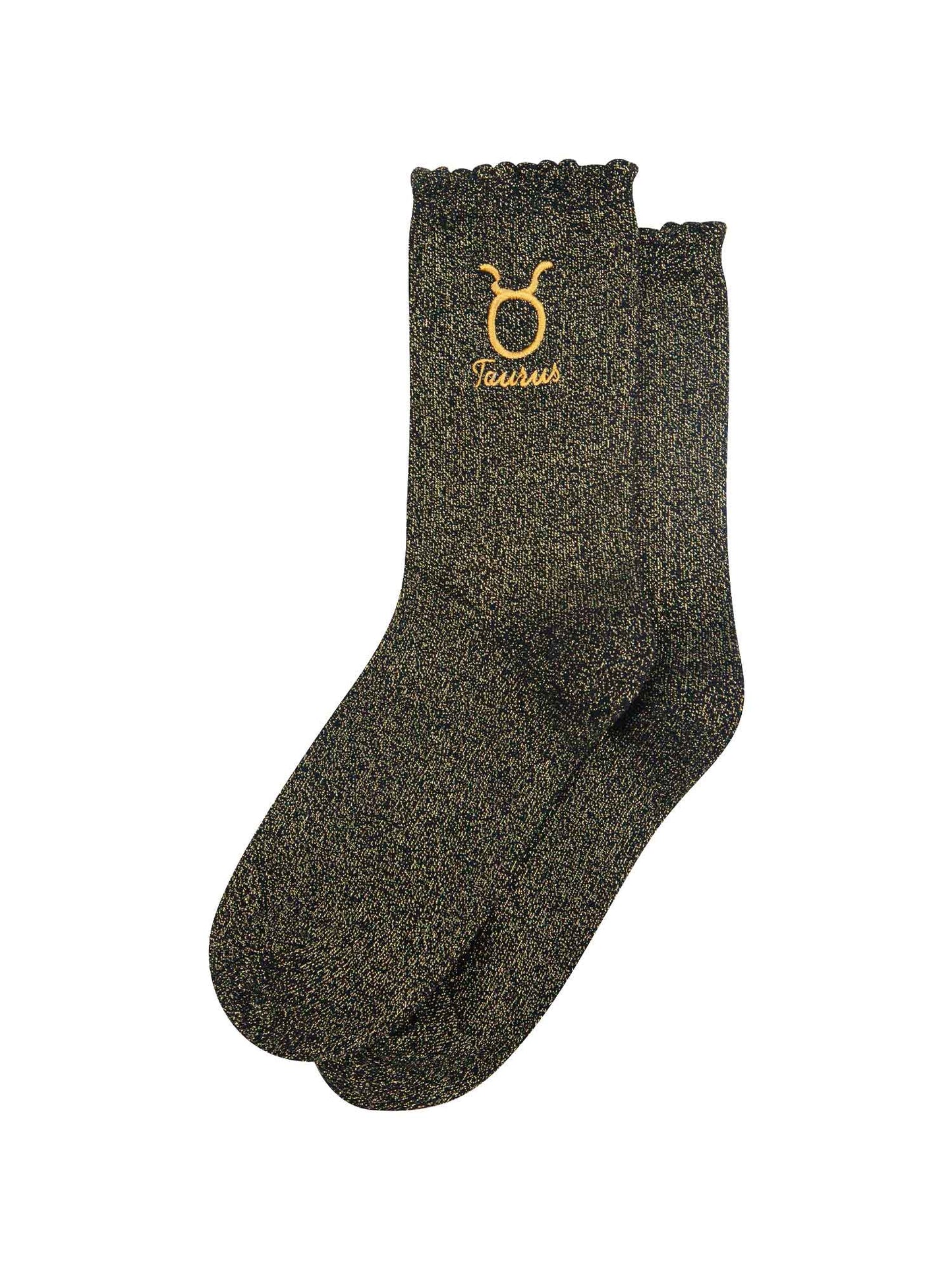 black and gold glitter embroidered taurus socks laying flat, showing the all over gold glitter sparkle