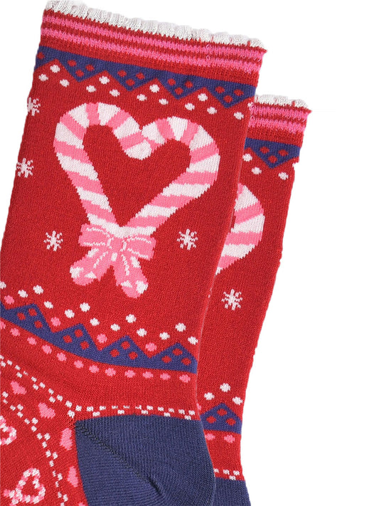 close up of the candy cane heart design on the ankle of the socks, there are two candy canes crossed at the bottom, making a love heart shape, they are pink and white striped on a red background