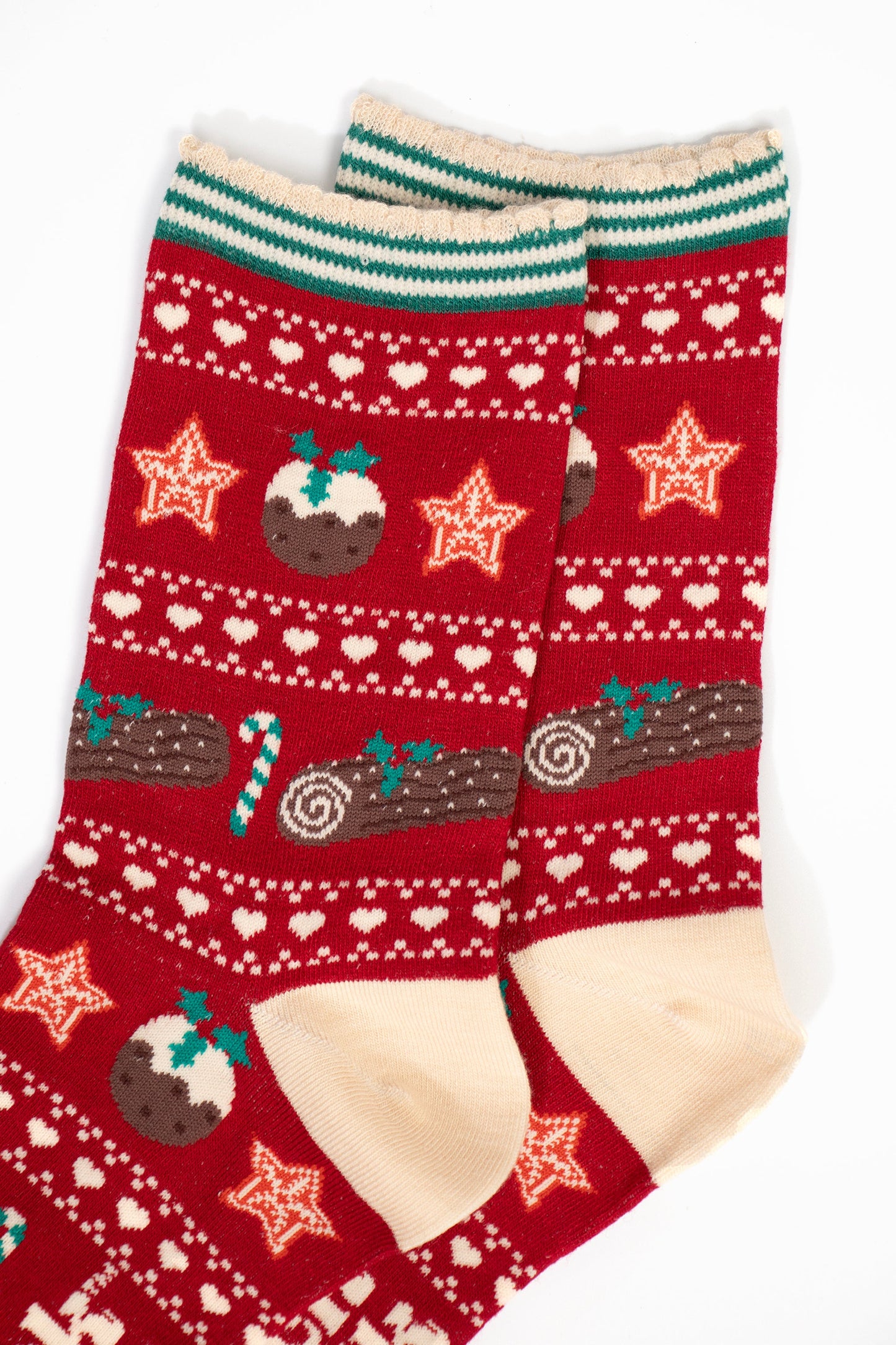 close up of the fair isle pattern, there are christmas puddings, christmas stars, green and white candy canes and chocolate yule logs with holly.