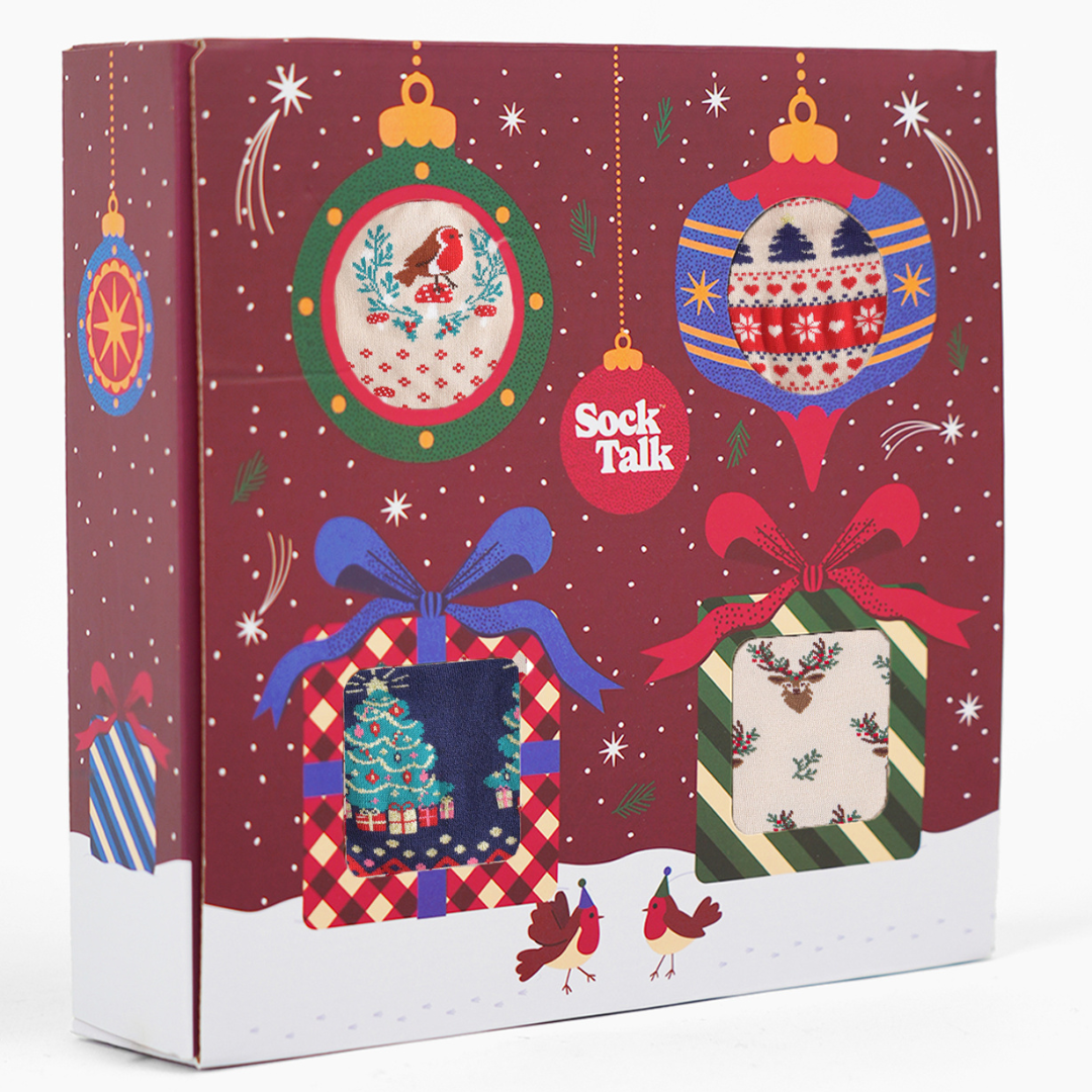 Women's Bamboo Socks Festive Gift Set - Cream/Red, Classic Christmas