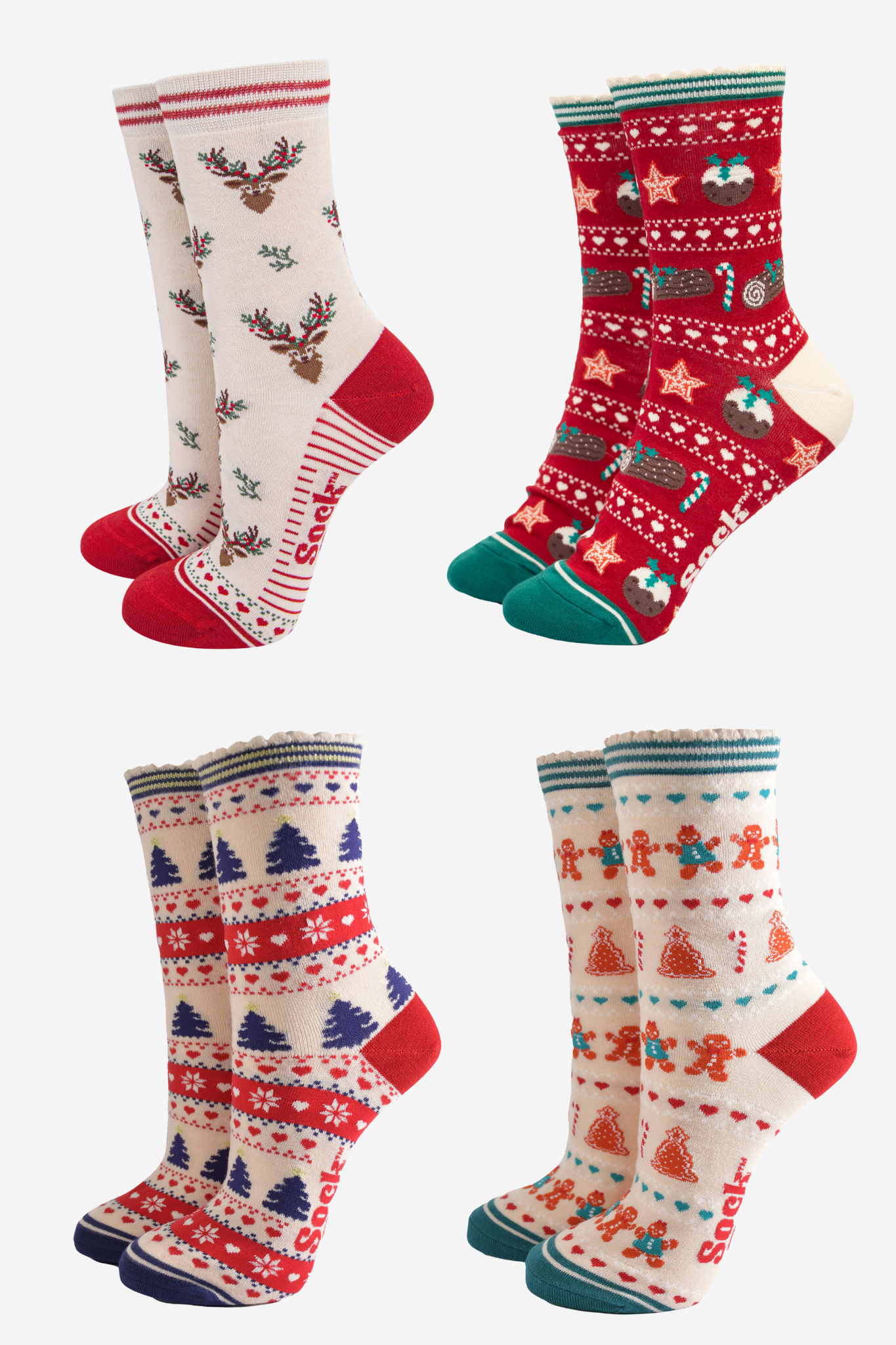 Women's Bamboo Ankle Socks Festive Gift Set - Cream/Red, Classic Christmas