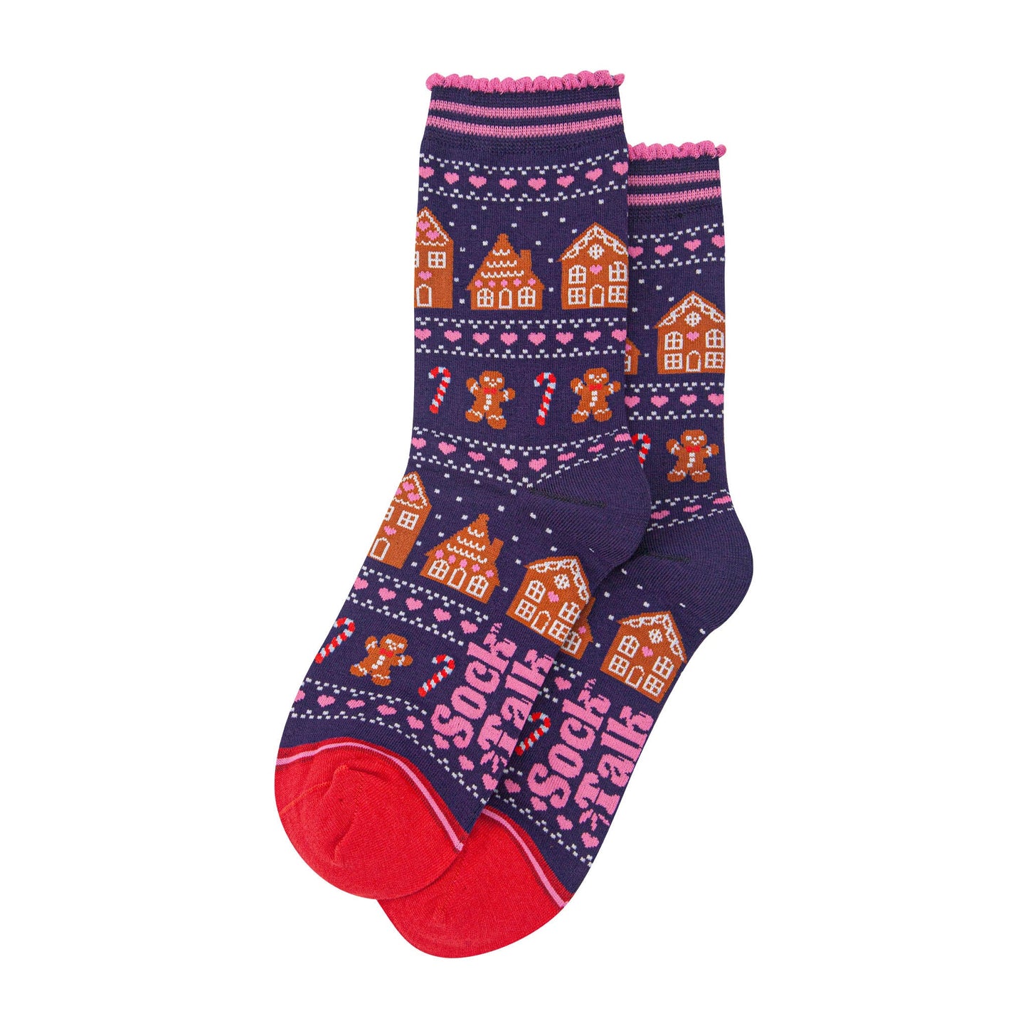womens-bamboo-socks-navy-blue-red-gingerbread-fair-isle-laying-flat