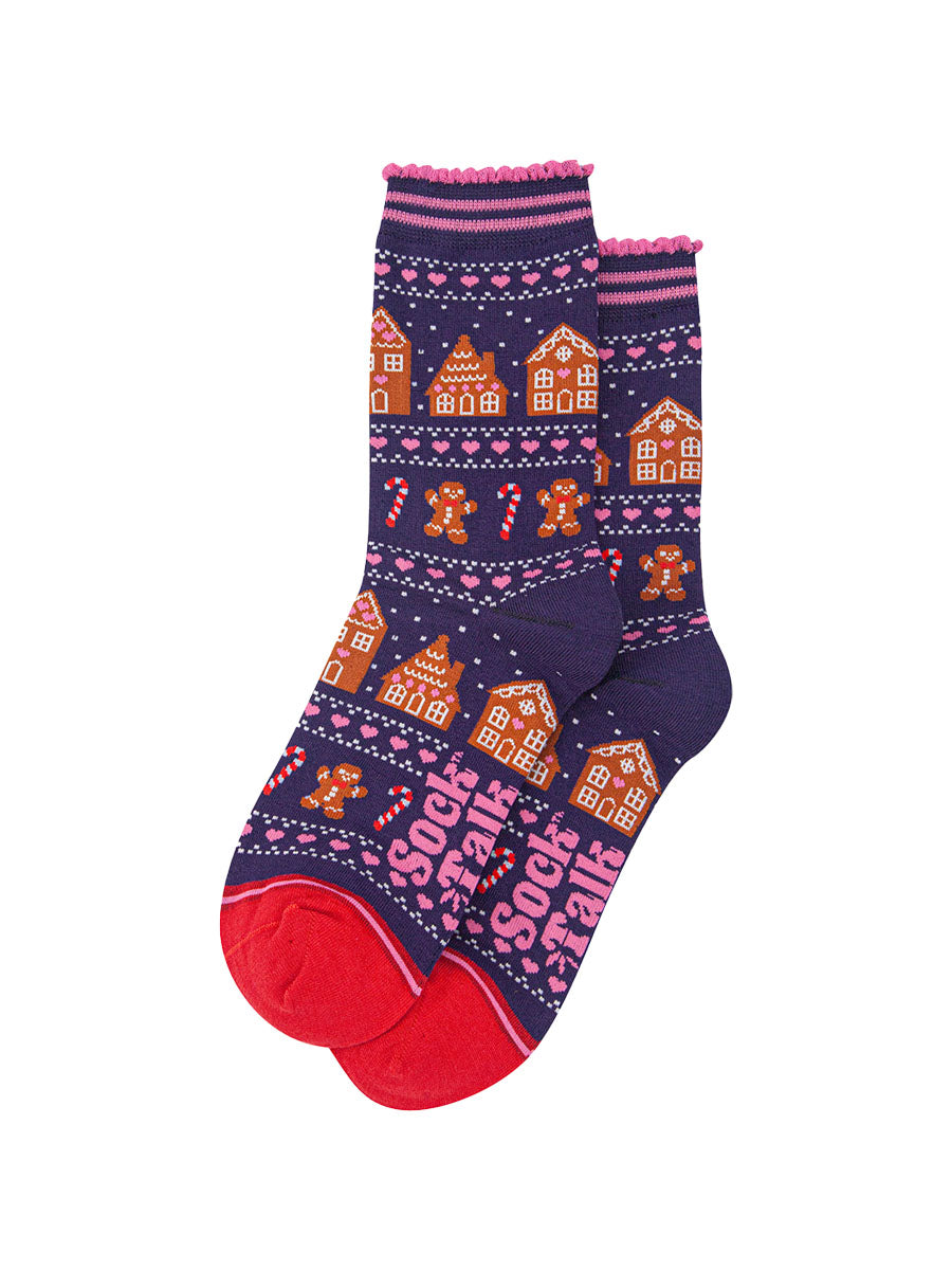 womens-bamboo-socks-navy-blue-red-gingerbread-fair-isle-laying-flat