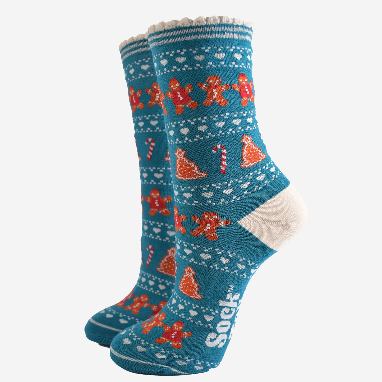 teal blue bamboo socks with a fair isle style pattern featuring candy canes, gingerbread cookies and love hearts