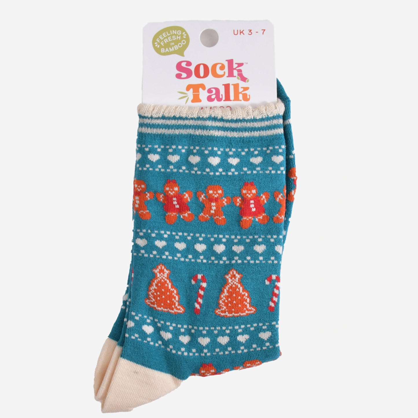 teal blue fair isle gingerbread cookie bamboo socks in their sock talk packaging, these socks are a uk size 3-7