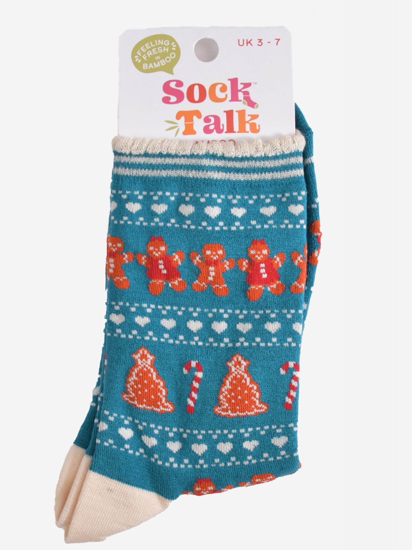 teal blue fair isle gingerbread cookie bamboo socks in their sock talk packaging, these socks are a uk size 3-7