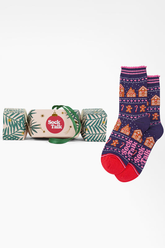 Women's Bamboo Ankle Socks Christmas Cracker Gift Box - Navy Blue/Red, Gingerbread Fair Isle