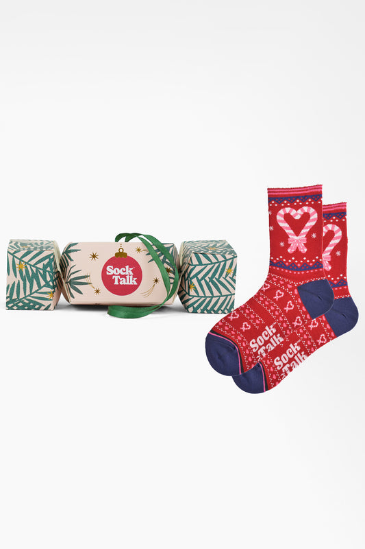 Women's Bamboo Ankle Socks Christmas Cracker Gift Box - Red/Navy Blue, Candy Cane Hearts