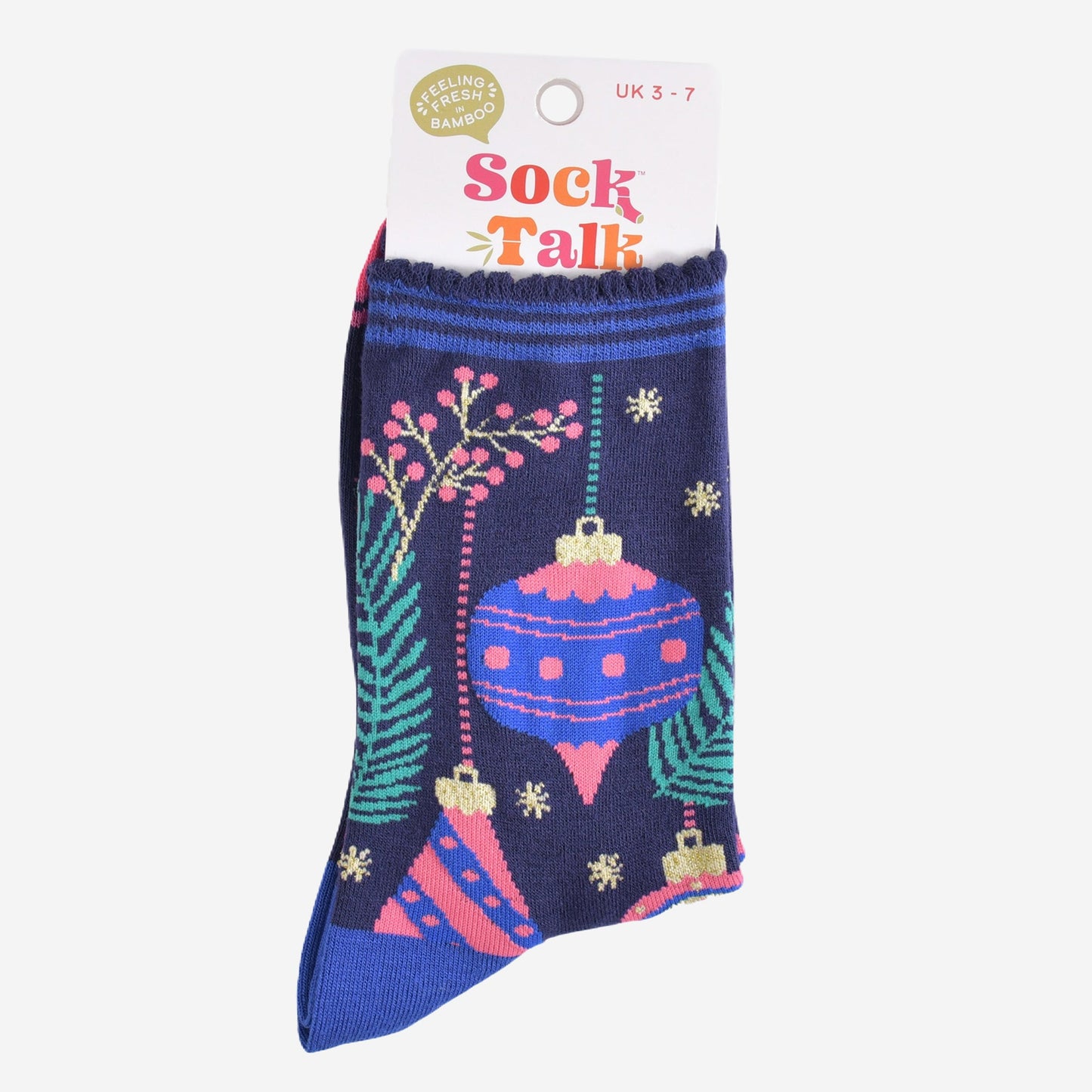 christmas baubles bamboo socks in their sock talk packaging, these socks are a uk size 3-7