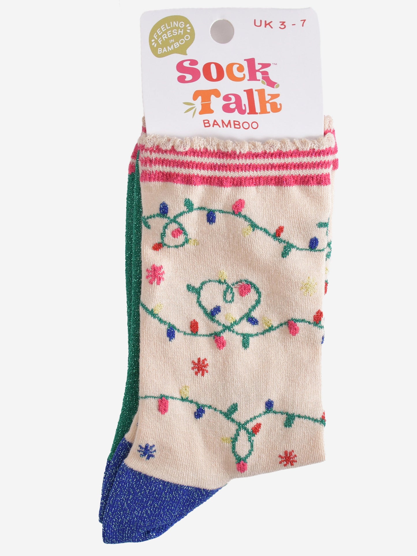 festive party lights bamboo socks in their sock talk packaging, these socks are a uk size 3-7