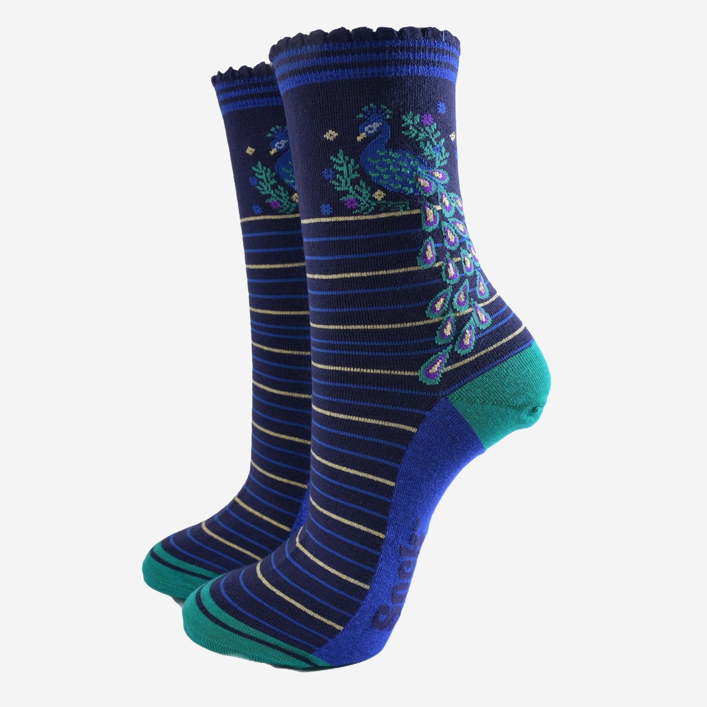 Women's Bamboo Socks - Navy Blue/Teal, Peacock Wreath