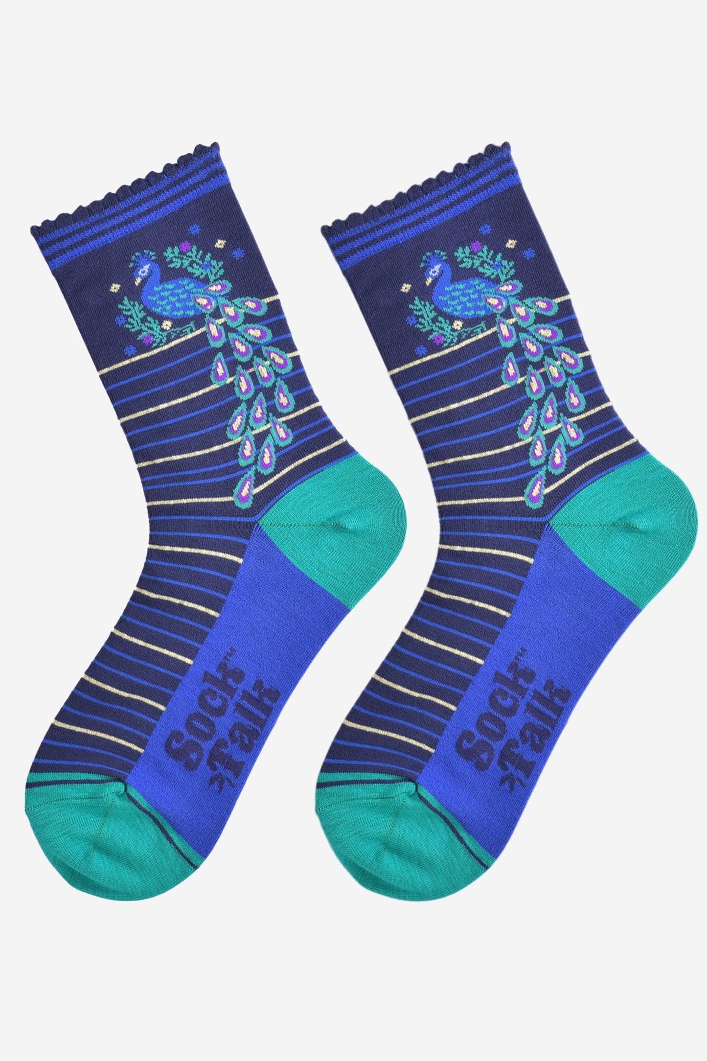 Women's Bamboo Socks - Navy Blue/Teal, Peacock Wreath