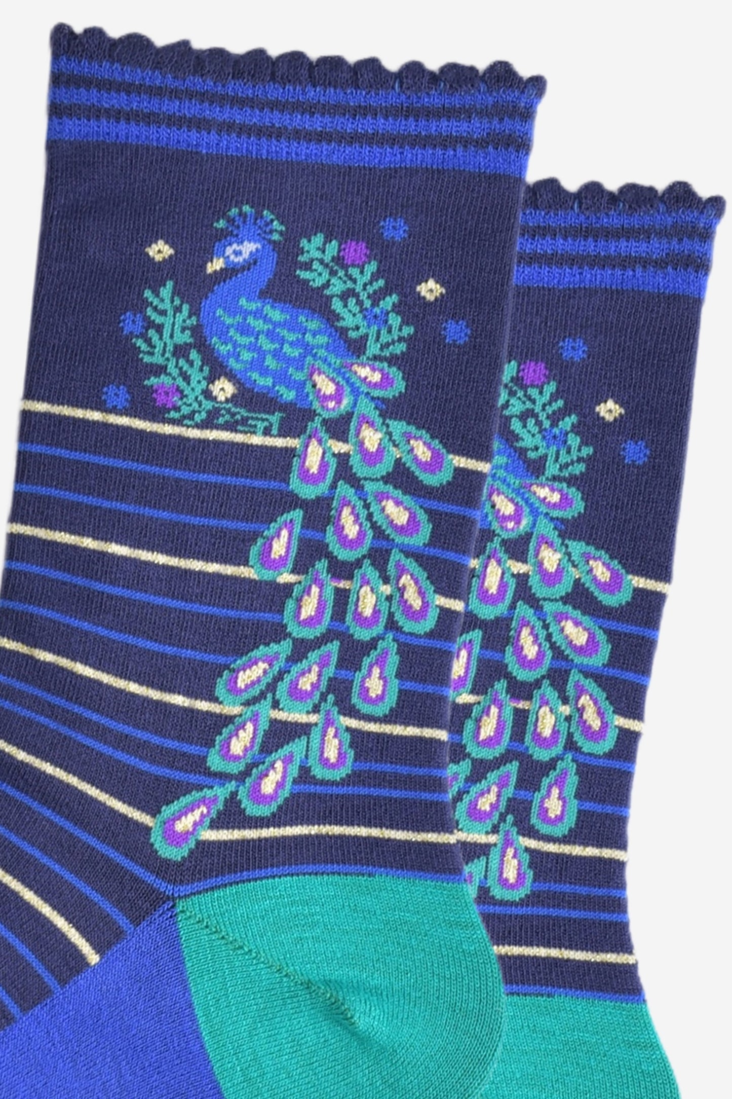 Women's Bamboo Socks - Navy Blue/Teal, Peacock Wreath