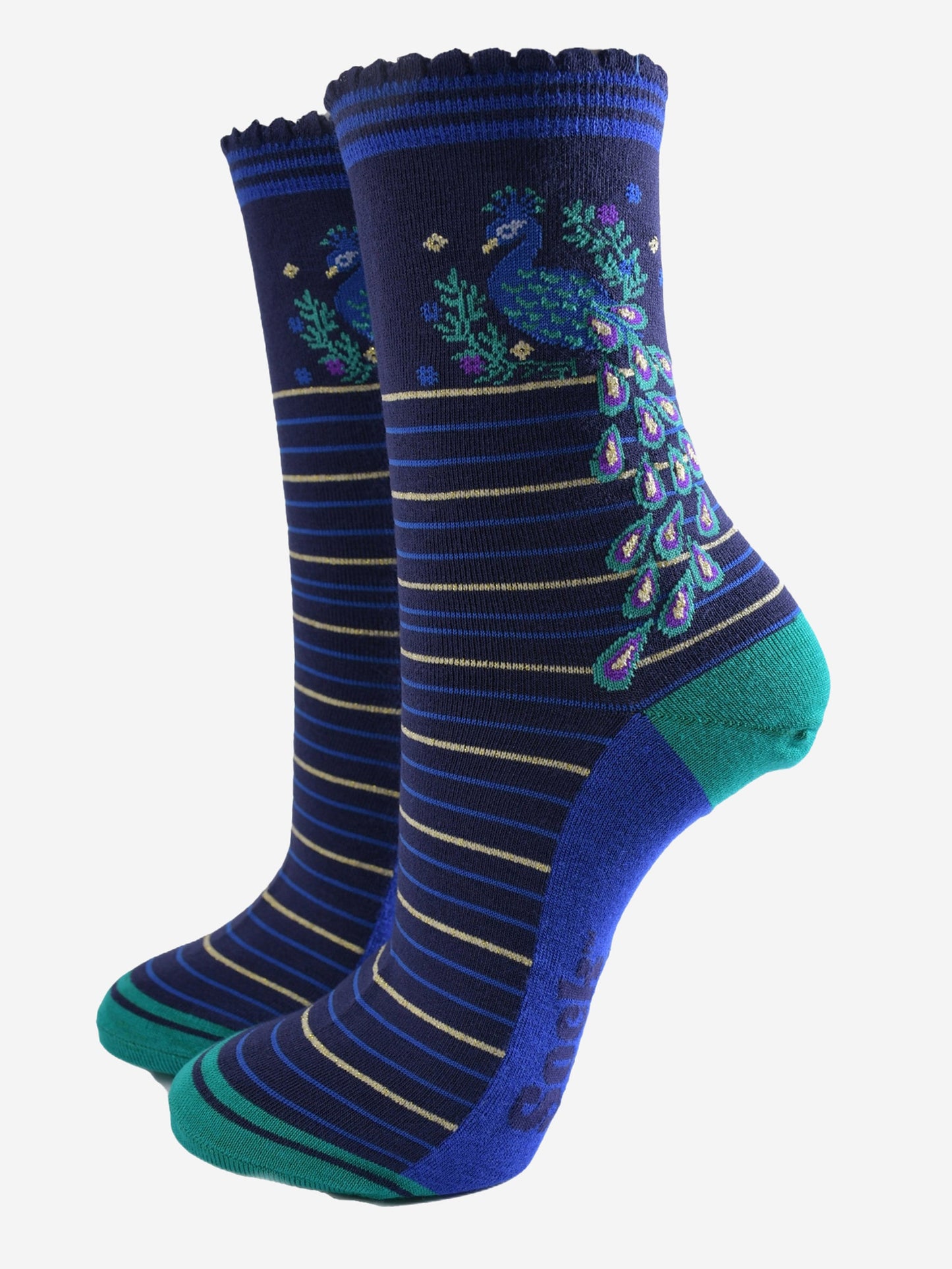 Women's Bamboo Socks - Navy Blue/Teal, Peacock Wreath