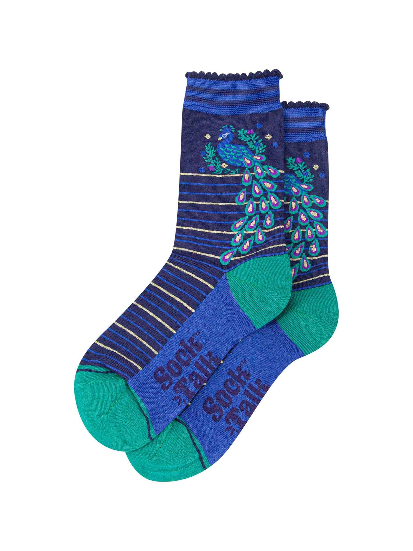 Peacock Floral Wreath Striped Bamboo Socks in Navy/Teal