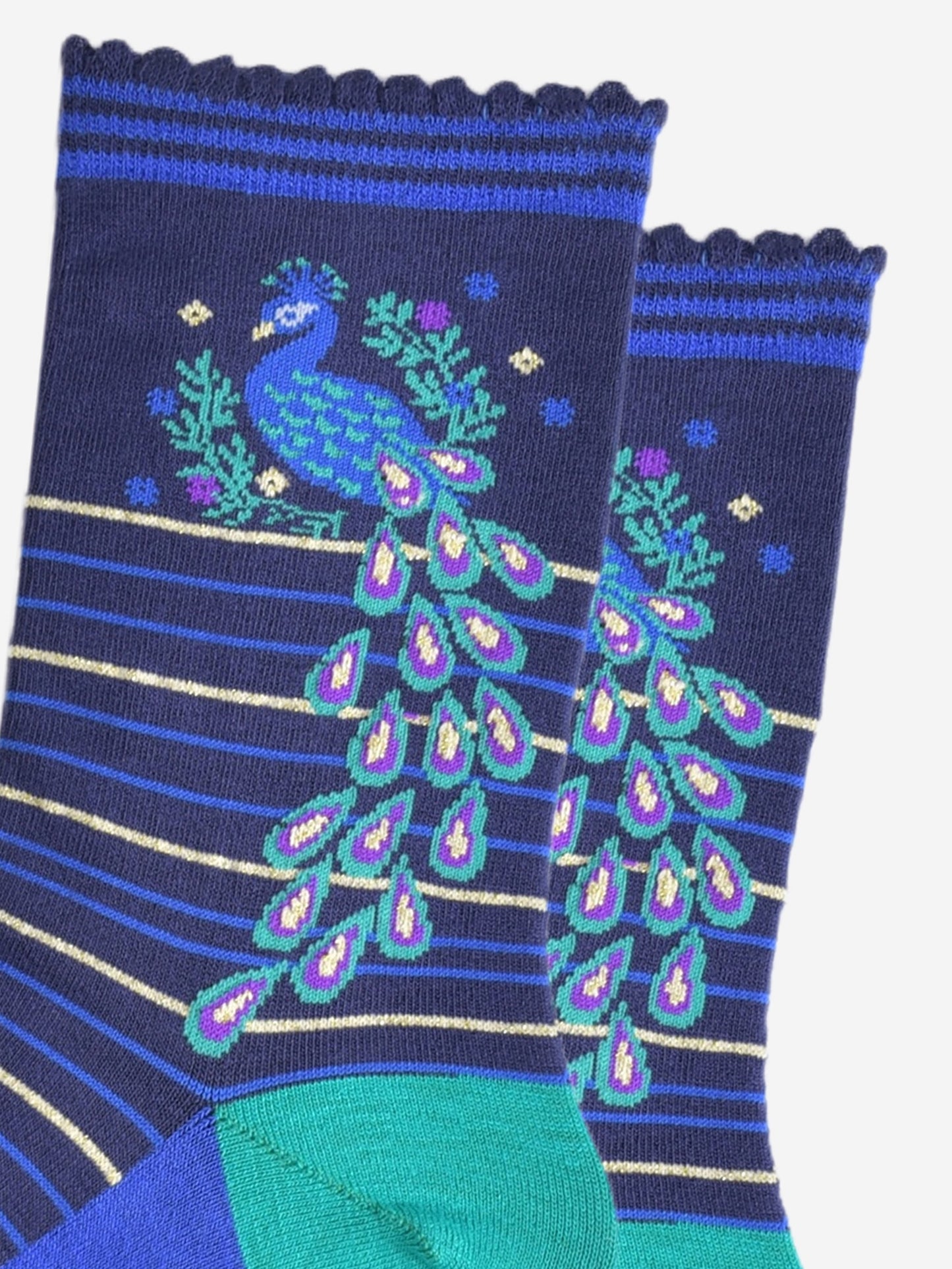Women's Bamboo Socks - Navy Blue/Teal, Peacock Wreath