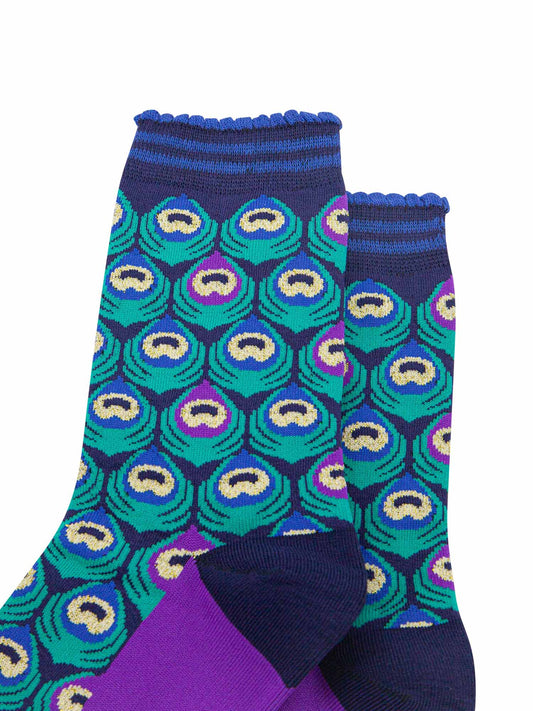 navy blue and turquoise bamboo socks designed to look like a peacock feather