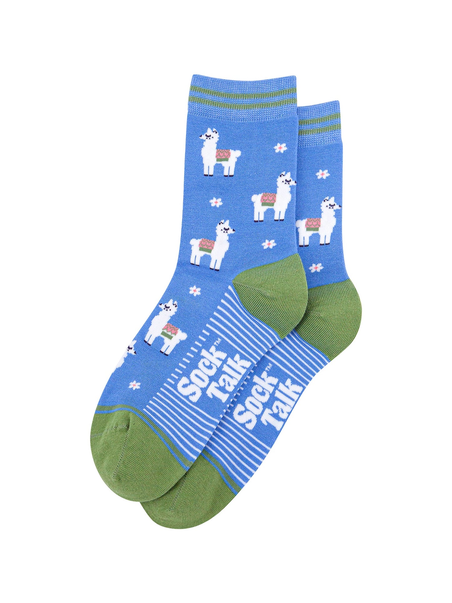 Llama-Floral-Bamboo-Socks-in-Blue-Laid-Flat