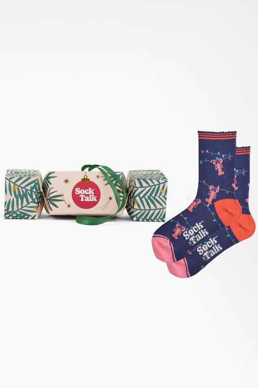 Women's Bamboo Ankle Socks Christmas Cracker Gift Box - Navy Blue/Orange, Lobster Party Lights