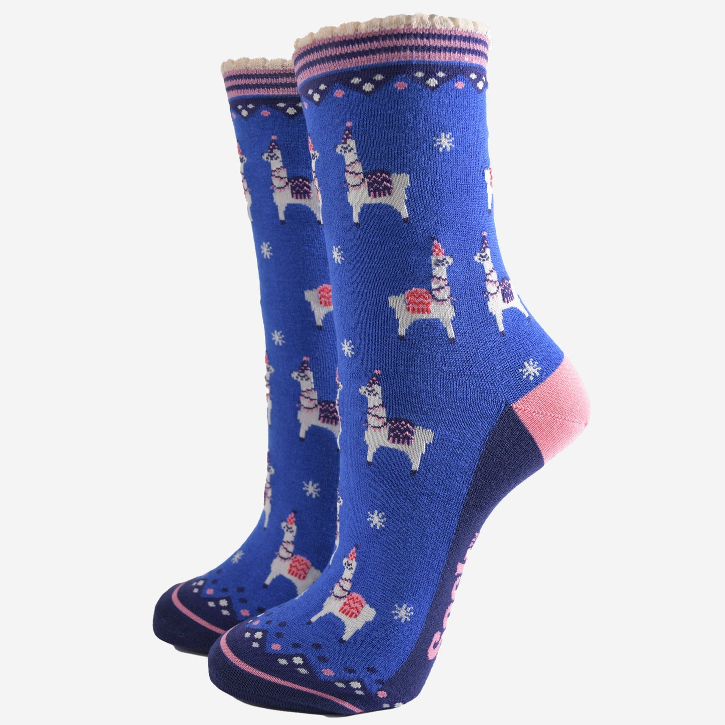 Women's Bamboo Socks - Blue/Pink, Party Llamas