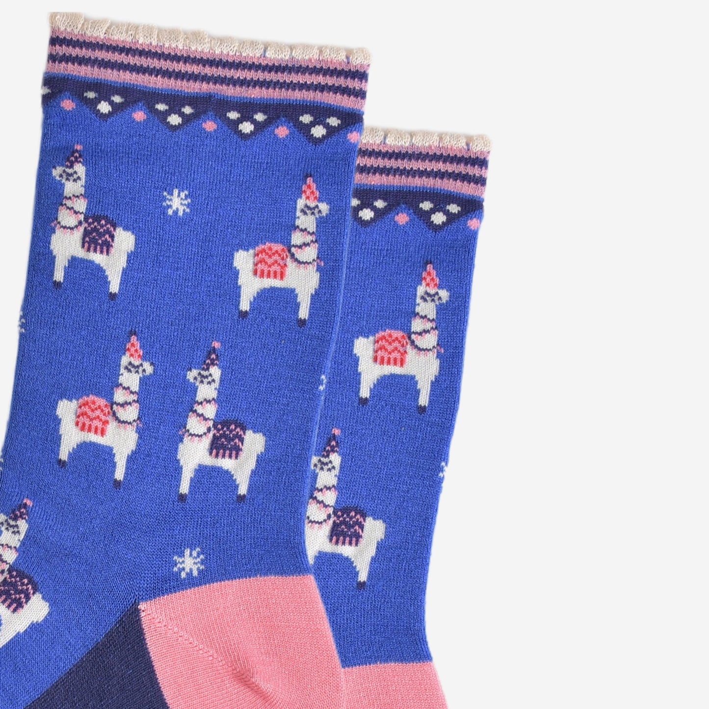Women's Bamboo Socks - Blue/Pink, Party Llamas
