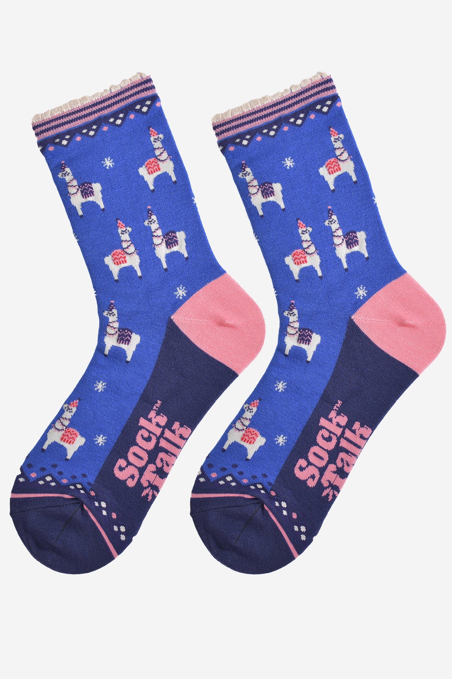 Women's Bamboo Socks - Blue/Pink, Party Llamas