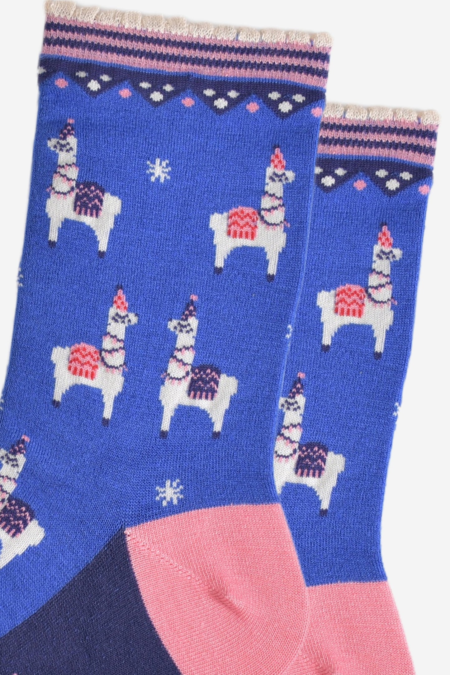 Women's Bamboo Socks - Blue/Pink, Party Llamas