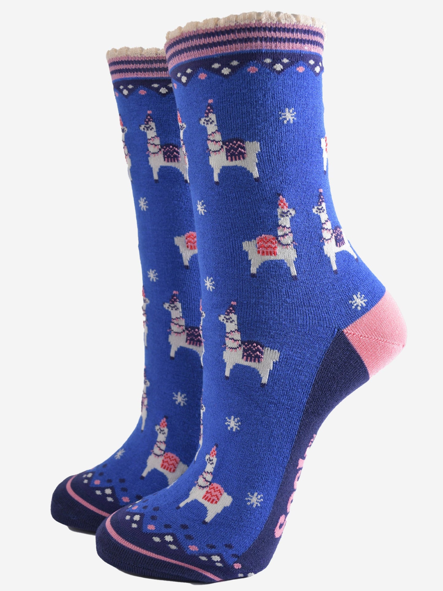 Women's Bamboo Socks - Blue/Pink, Party Llamas
