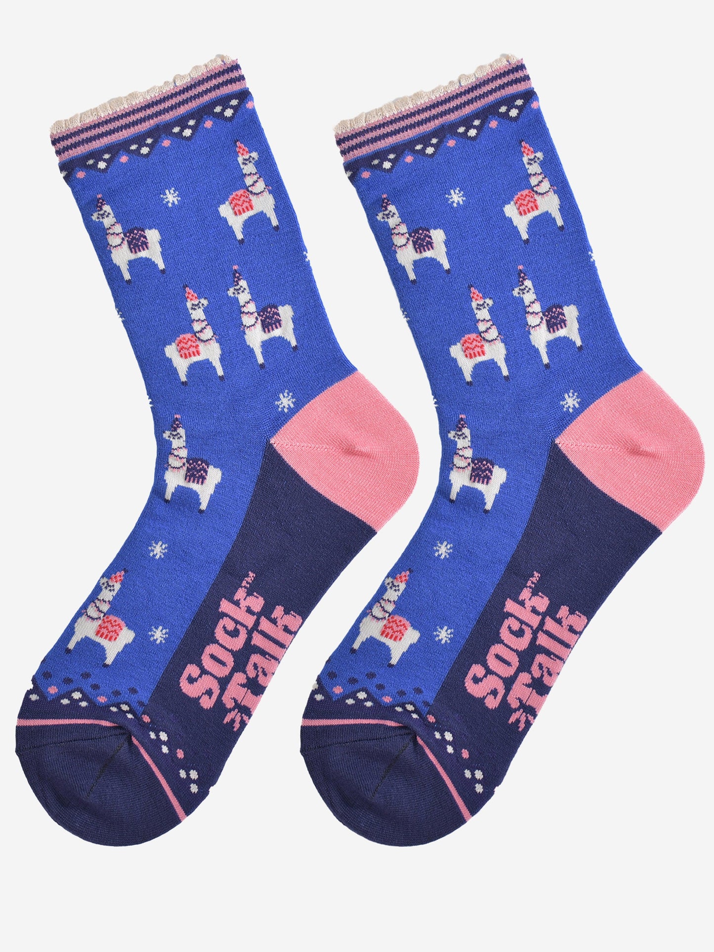 Women's Bamboo Socks - Blue/Pink, Party Llamas