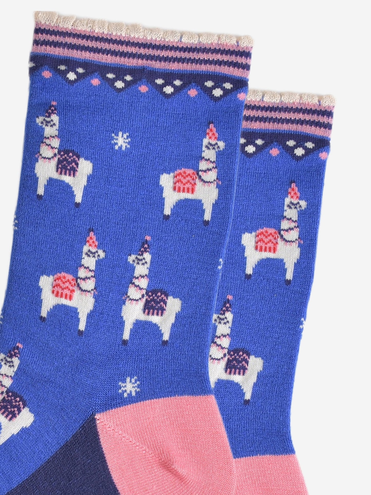 Women's Bamboo Socks - Blue/Pink, Party Llamas