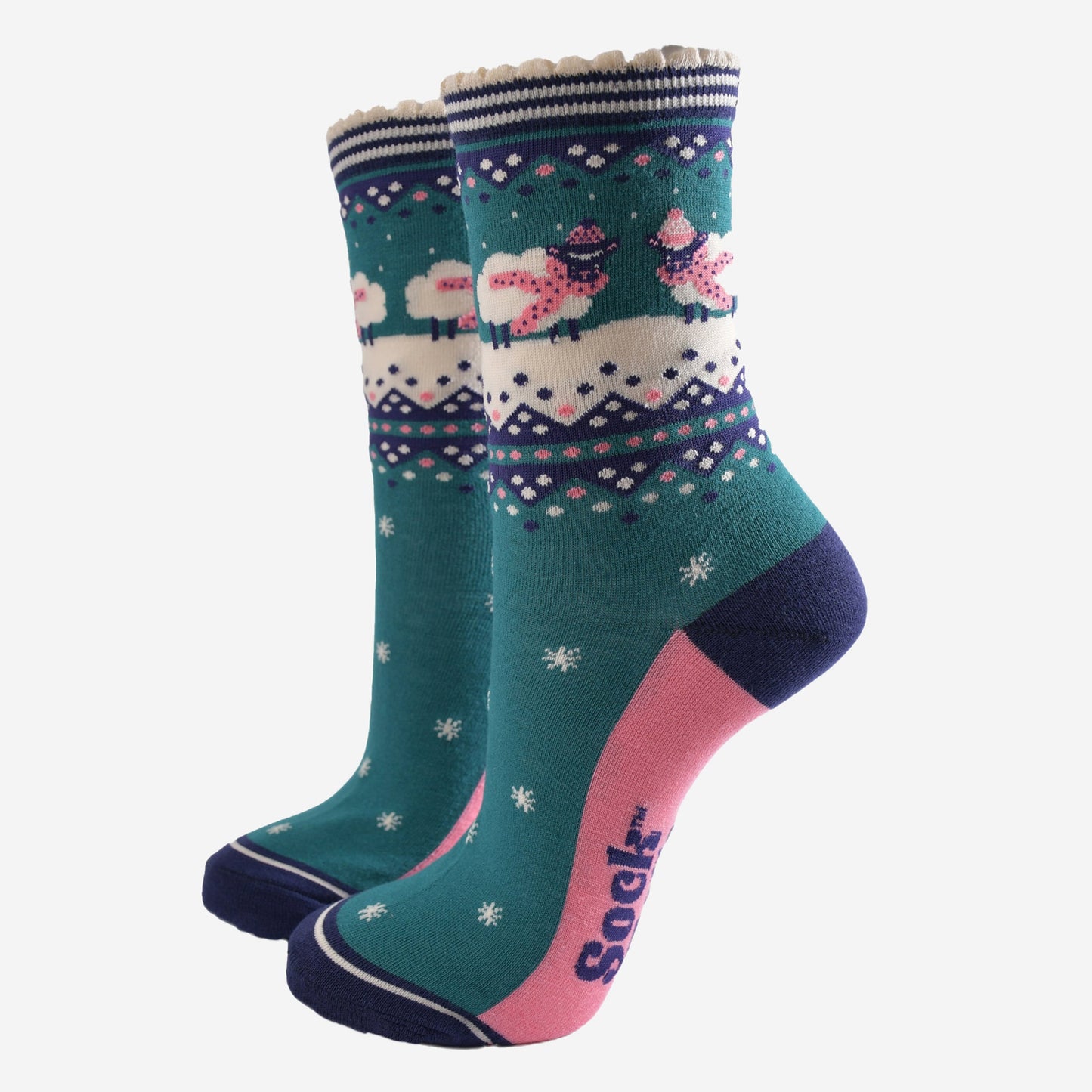 Women's Bamboo Socks - Green/Navy Blue, Sheep Fair Isle