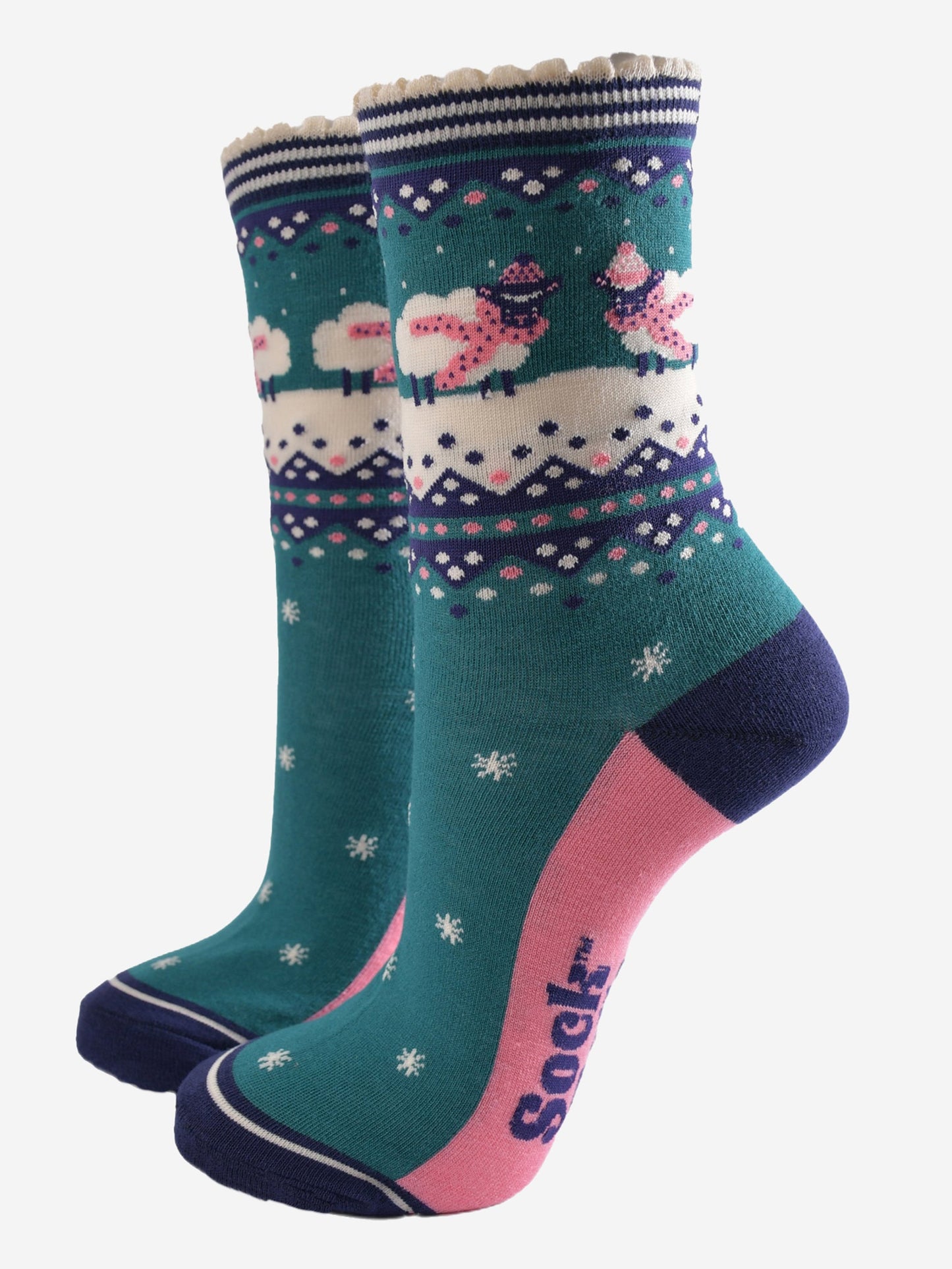 Women's Bamboo Socks - Green/Navy Blue, Sheep Fair Isle