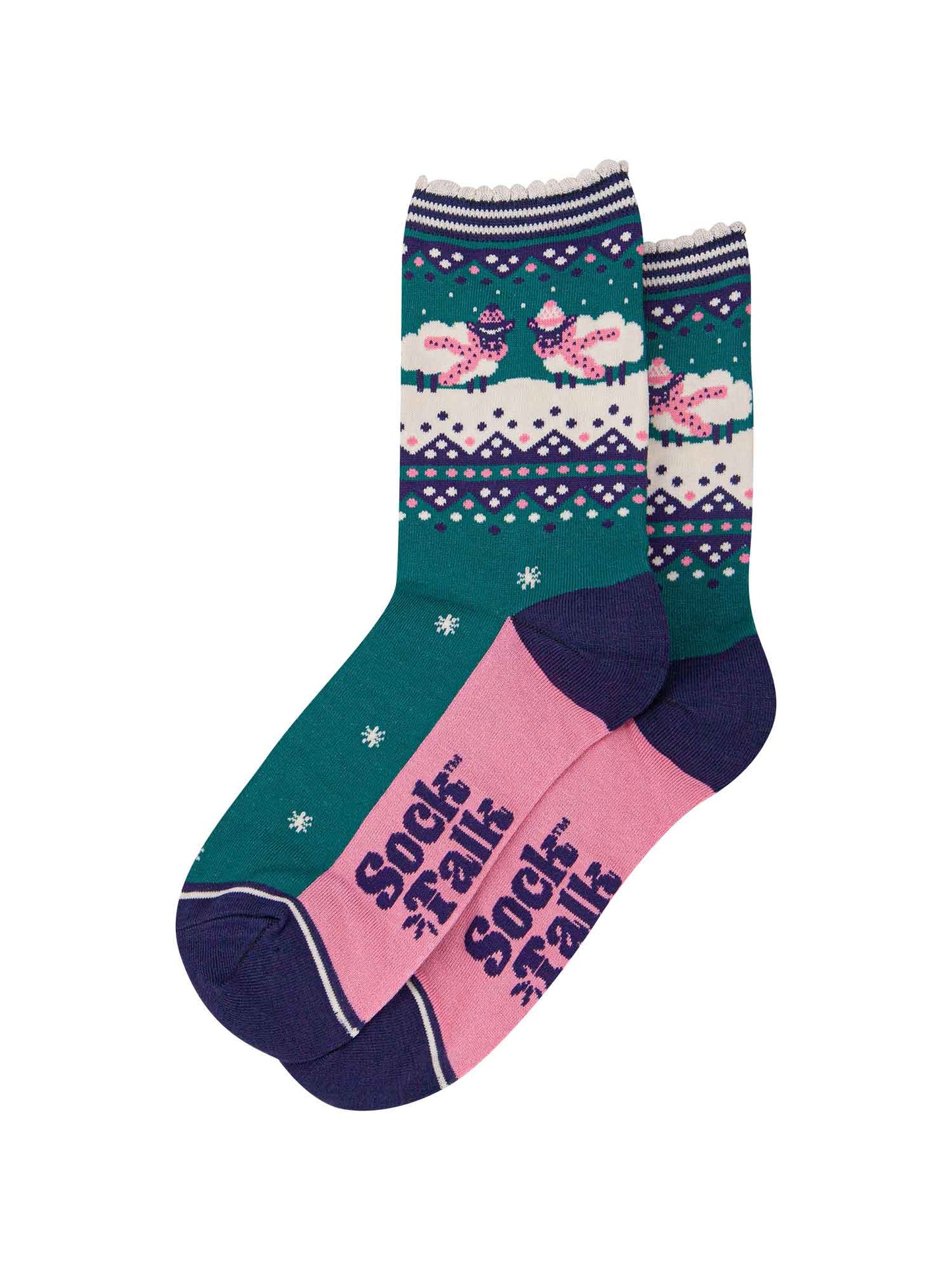 green, blue and pink ankle socks with sheep wearing cosy winter scarves and hats