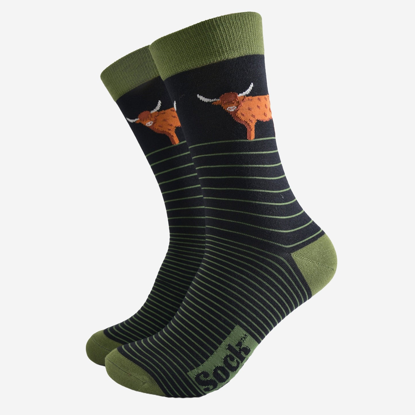 Men's Bamboo Socks - Black/Green, Highland Cow Stripe