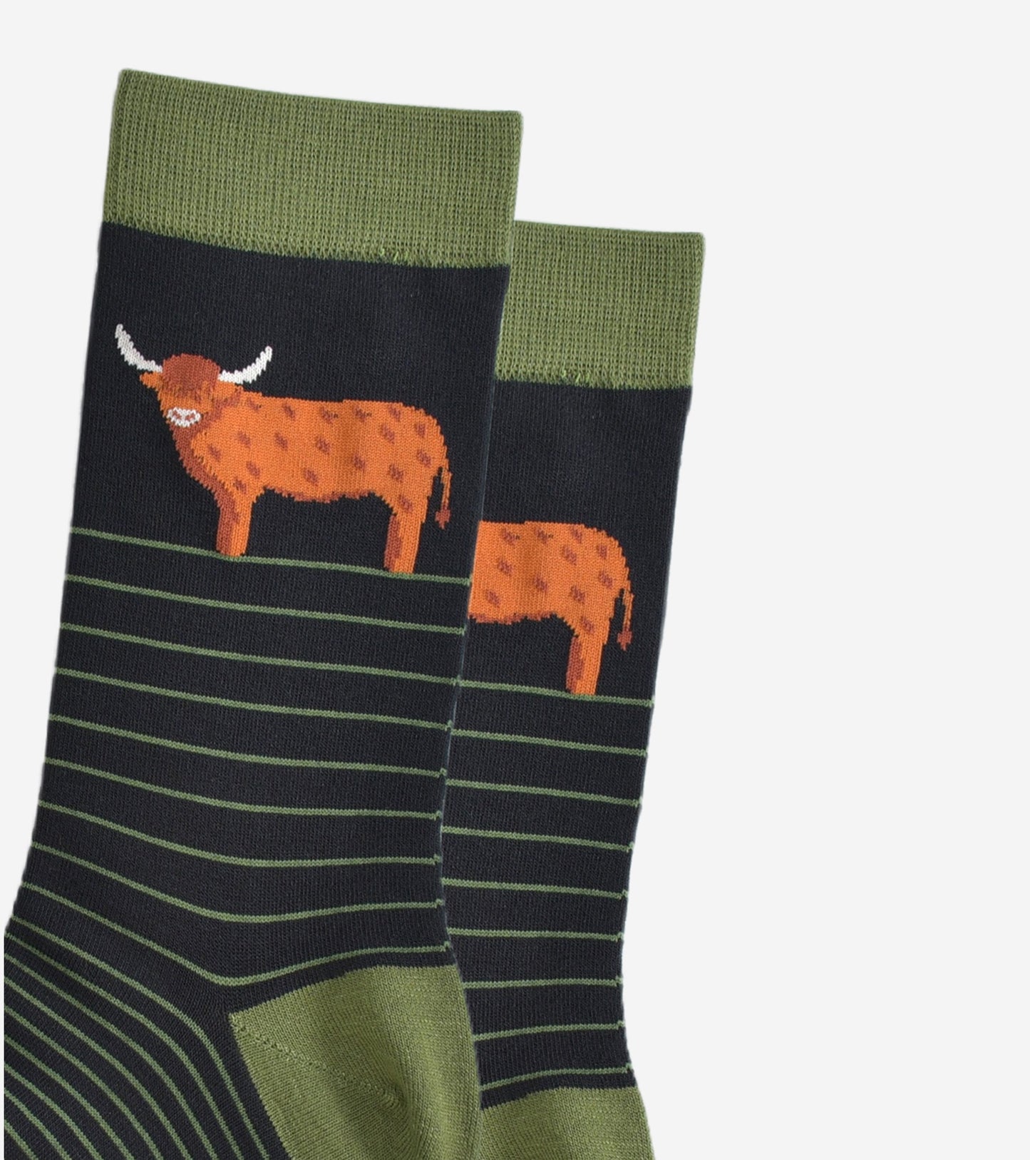 Men's Bamboo Socks - Black/Green, Highland Cow Stripe